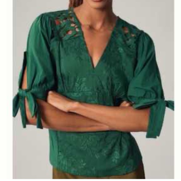 Anthropologie Tops - Anthropologie Tiny forest green blouse deep vee shoulder lace details holiday L
